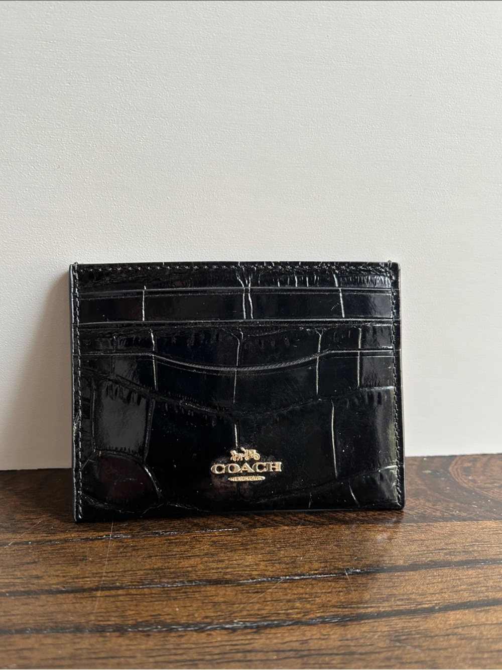 Coach Black Croc-Embossed Card Holder with Gold Logo